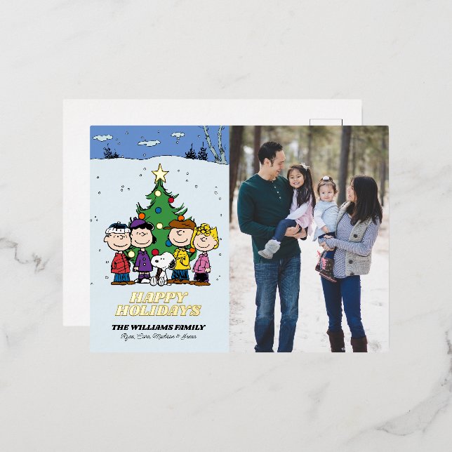 Peanuts Merry Christmas | Add Your Photo & Name Foil Holiday Postcard (Front/Back)