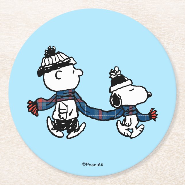 Peanuts | Merry Christmas Snoopy & Charlie Brown Round Paper Coaster (Front)