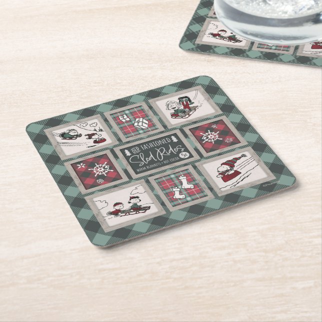 Peanuts | Old Fashioned Sleigh Rides Pattern Square Paper Coaster (Angled)