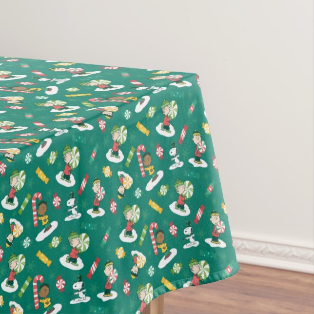 Peanuts Peppermint Dreams Holiday Pattern Tablecloth (In Situ)