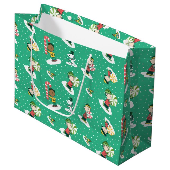 Peanuts Peppermint Dreams Snowflake Pattern Large Gift Bag (Front Angled)