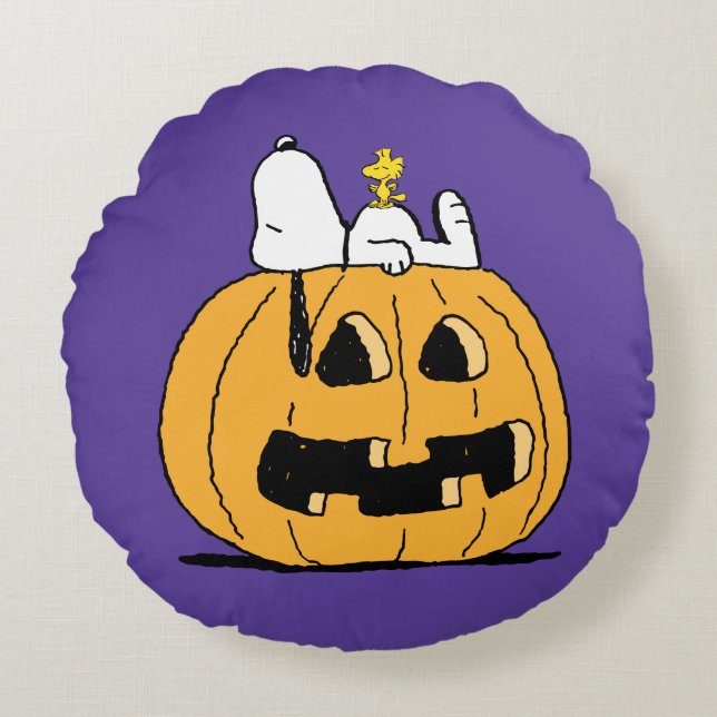 Peanuts | Snoopy and Woodstock Jack-O-Lantern Round Pillow (Front)