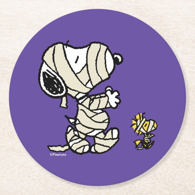 Peanuts | Snoopy and Woodstock Mummies Round Paper Coaster (Front)