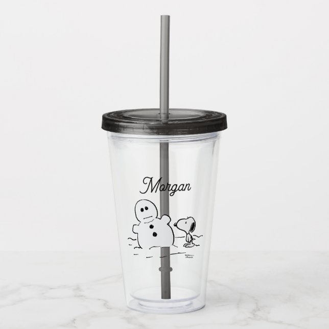 Peanuts | Snoopy Builds A Snowman | Add Your Name Acrylic Tumbler (Front)
