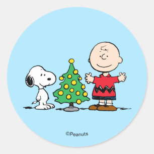 Peanuts Snoopy & Charlie Brown Christmas Tree Classic Round Sticker