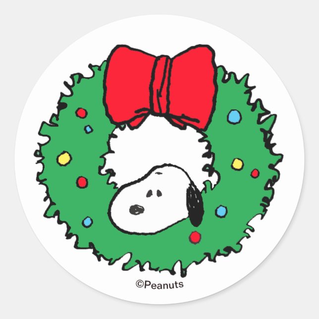 Peanuts | Snoopy Christmas Wreath & Bow Classic Round Sticker (Front)