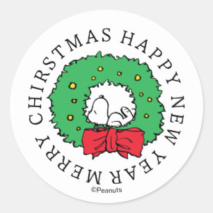 Peanuts   Snoopy Christmas Wreath Classic Round St Sticker