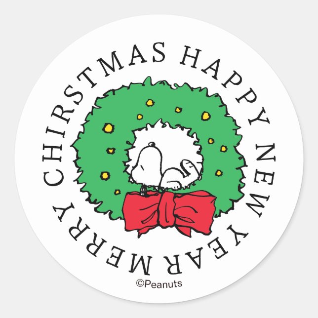 Peanuts | Snoopy Christmas Wreath Classic Round St Sticker (Front)