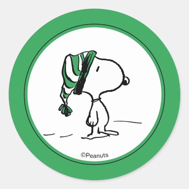 Peanuts | Snoopy Green Snow Cap Classic Round Sticker (Front)