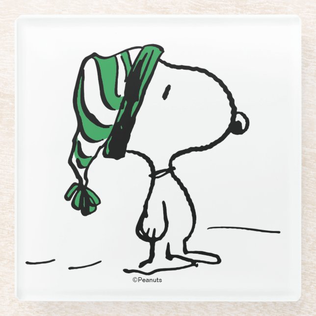 Peanuts | Snoopy Green Snow Cap Glass Coaster (Front)