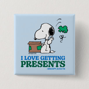 Peanuts   Snoopy I Love Getting Presents 2 Inch Square Button