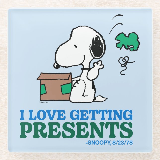 Peanuts | Snoopy I Love Getting Presents Glass Coaster (Front)
