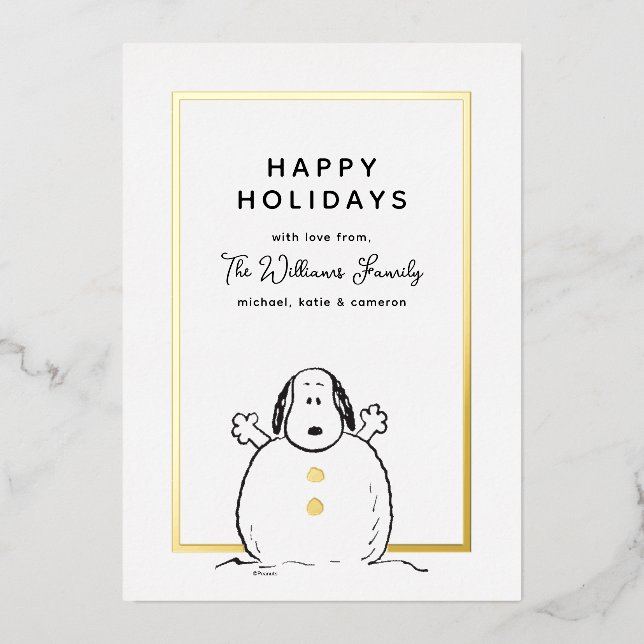 Peanuts | Snoopy Playing Snowman Family Photo Foil Holiday Card (Front)