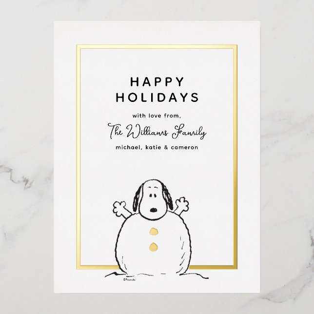 Peanuts | Snoopy Playing Snowman Family Photo Foil Holiday Postcard (Front)