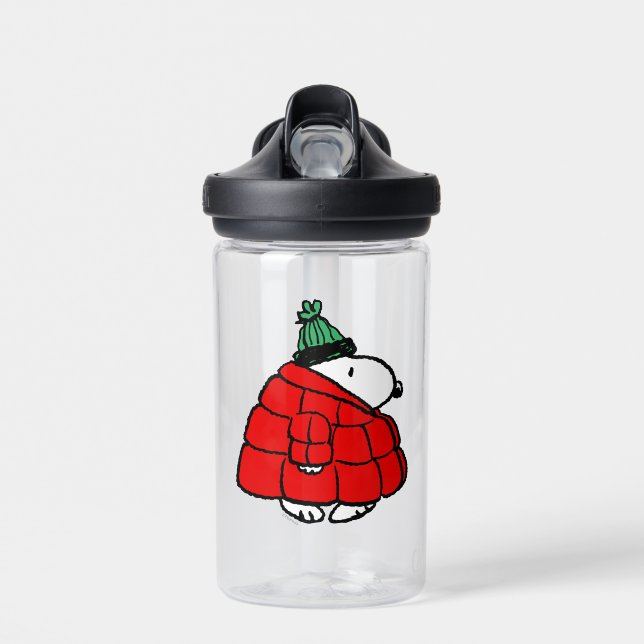 Peanuts | Snoopy Puffy Red Winter Jacket Water Bottle (Front)