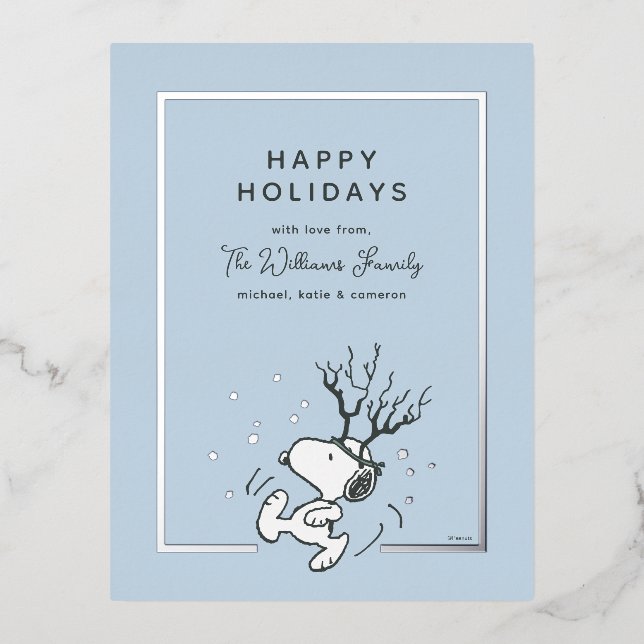 Peanuts | Snoopy Reindeer Family Photo Foil Holiday Postcard (Front)