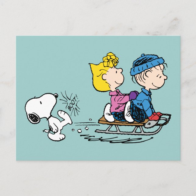 Peanuts | Snoopy, Sally & Linus Sled Riding Holiday Postcard (Front)