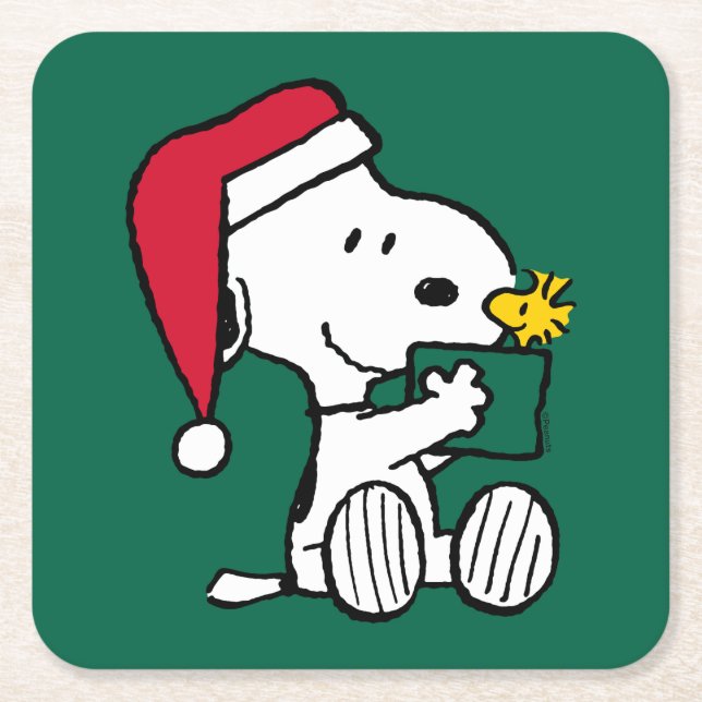Peanuts | Snoopy Santa & Woodstock Gift Square Paper Coaster (Front)