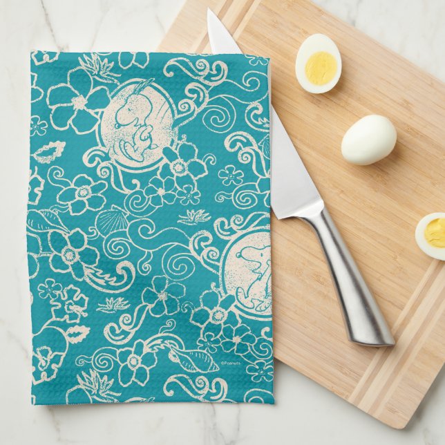 Peanuts | Snoopy Teal Tropical Beach Pattern Kitchen Towel (Quarter Fold)