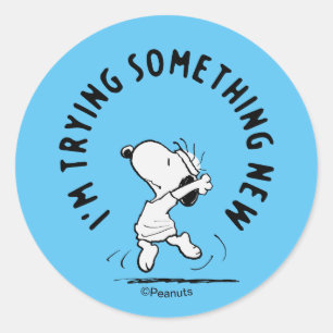 Peanuts   Snoopy Trying Something New Classic Round Sticker