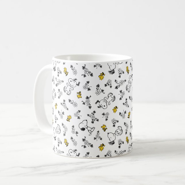 Peanuts | Snoopy & Woodstock B&W Flower Pattern Coffee Mug (Front Left)