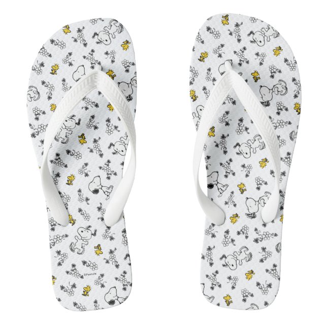 Peanuts | Snoopy & Woodstock B&W Flower Pattern Flip Flops (Footbed)
