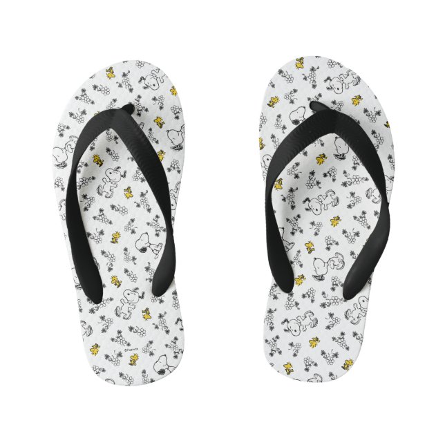 Peanuts | Snoopy & Woodstock B&W Flower Pattern Kid's Flip Flops (Footbed)