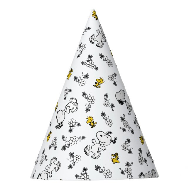 Peanuts | Snoopy & Woodstock B&W Flower Pattern Party Hat (Front)