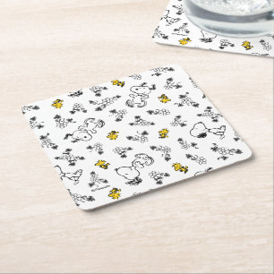 Peanuts   Snoopy & Woodstock B&W Flower Pattern Square Paper Coaster