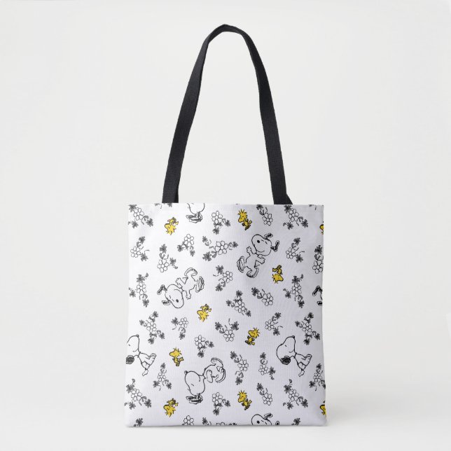 Peanuts | Snoopy & Woodstock B&W Flower Pattern Tote Bag (Front)