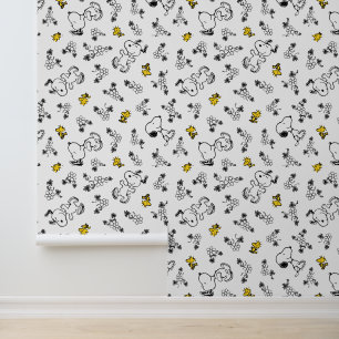 Peanuts   Snoopy & Woodstock B&W Flower Pattern Wallpaper