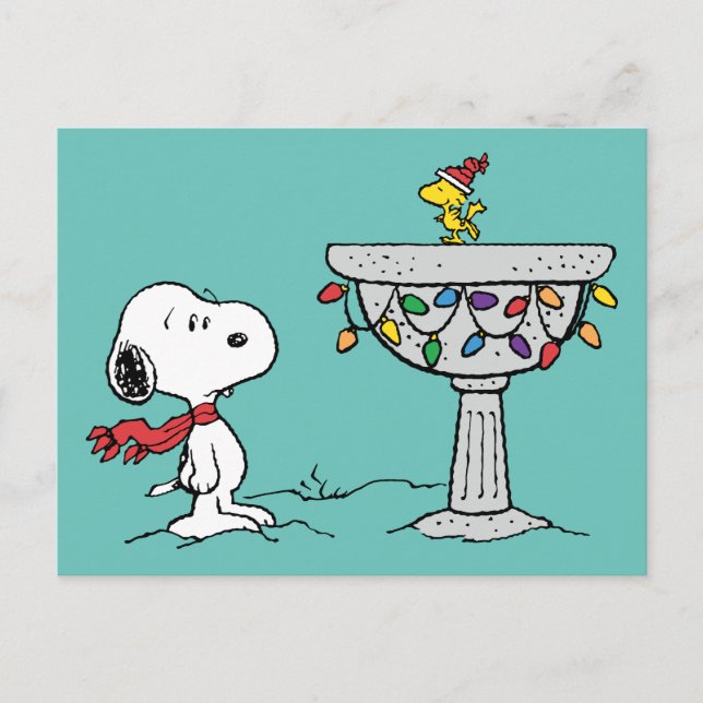 Peanuts | Snoopy & Woodstock Decorated Bird Bath Holiday Postcard (Front)
