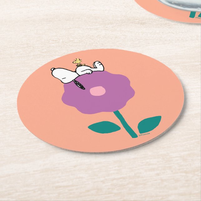 Peanuts | Snoopy & Woodstock Flower Whistle Round Paper Coaster (Angled)
