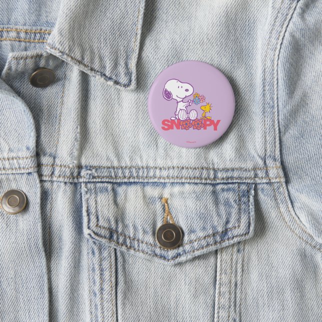Peanuts | Snoopy & Woodstock Flowers 2 Inch Round Button (In Situ)
