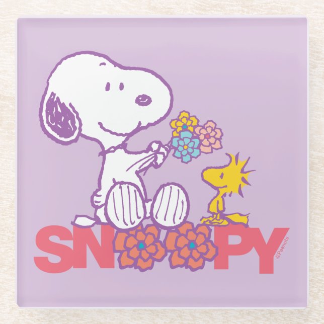 Peanuts | Snoopy & Woodstock Flowers Glass Coaster (Front)