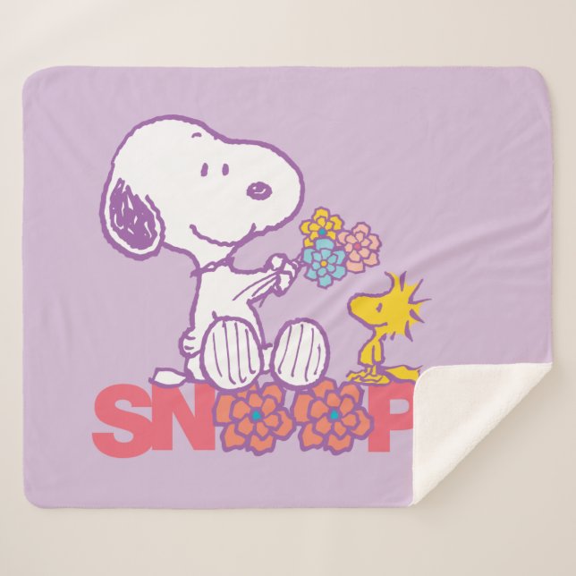 Peanuts | Snoopy & Woodstock Flowers Sherpa Blanket (Front (Horizontal))