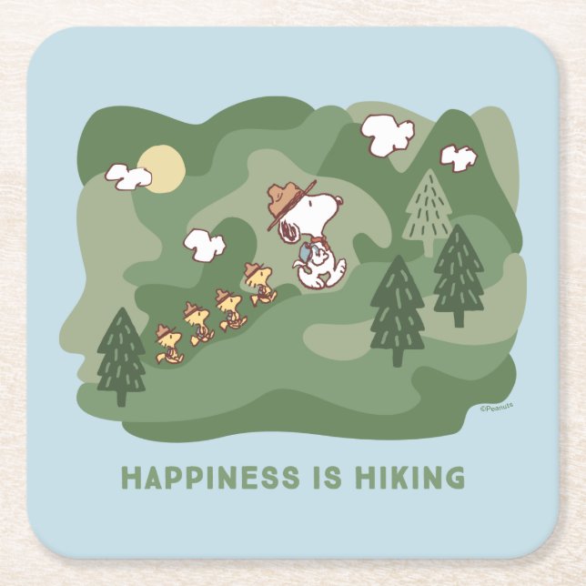 Peanuts | Snoopy & Woodstock Happiness is Hiking Square Paper Coaster (Front)