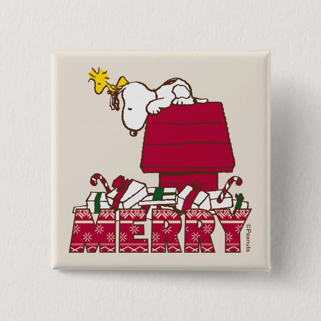 Peanuts | Snoopy & Woodstock Merry Ugly Sweater 2 Inch Square Button (Front)