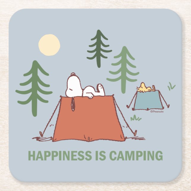 Peanuts | Snoopy & Woodstock Pitching Tents Square Paper Coaster (Front)