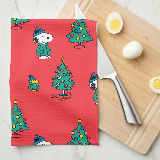 Peanuts | Snoopy & Woodstock Red Christmas Pattern Kitchen Towel (Quarter Fold)