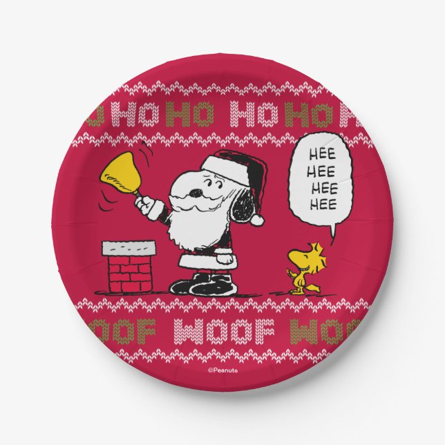 Peanuts | Snoopy & Woodstock Santa Bell Ringer Paper Plate (Front)