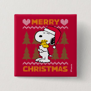 Peanuts   Snoopy & Woodstock Santa Claus Hug 2 Inch Square Button