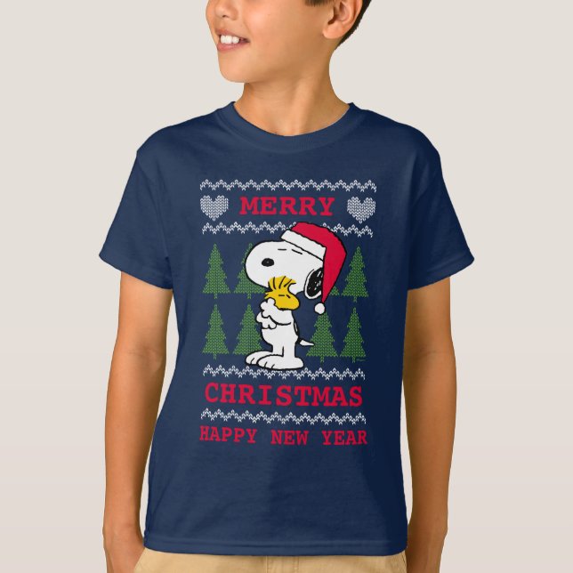Peanuts | Snoopy & Woodstock Santa Claus Hug T-Shirt (Front)