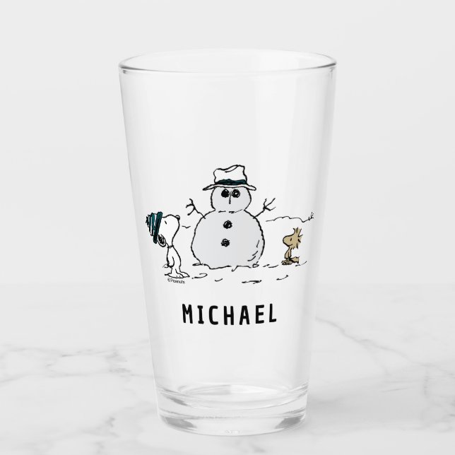 Peanuts | Snoopy & Woodstock Snowman | Add Name Glass (Front)