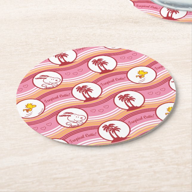 Peanuts | Snoopy & Woodstock Tropical Cutie Round Paper Coaster (Angled)