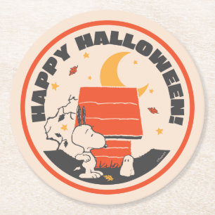Peanuts   Vintage Snoopy Scared By Ghost Round Paper Coaster
