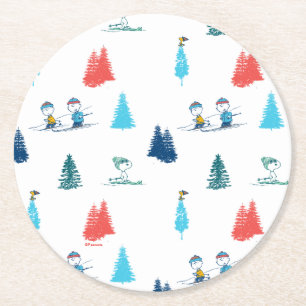 Peanuts   Winter Skiing the Slopes Pattern Round Paper Coaster
