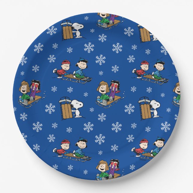 Peanuts | Winter Sledding Fun Pattern Paper Plate (Front)
