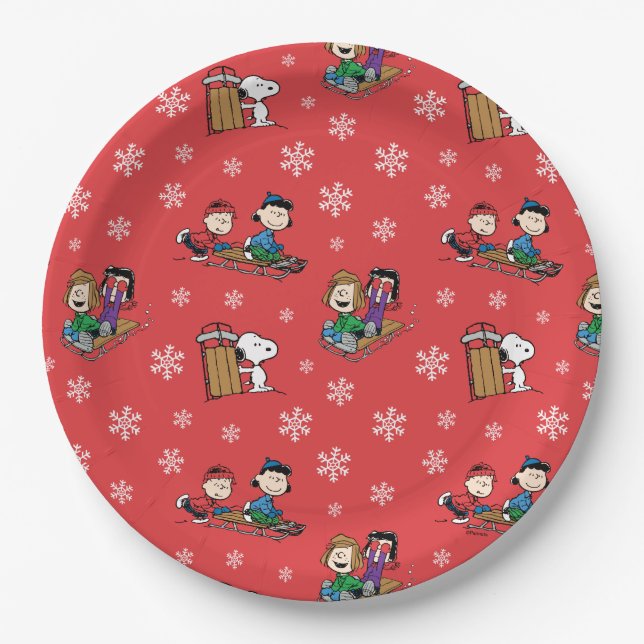Peanuts | Winter Sledding Fun Pattern Paper Plate (Front)