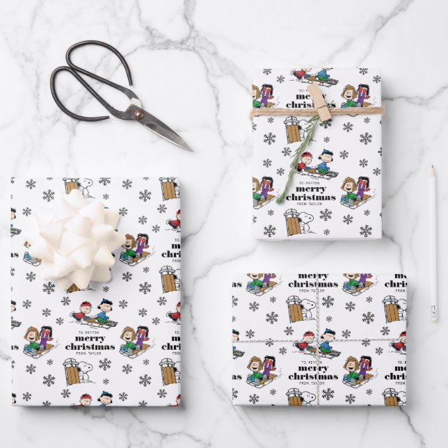 Peanuts | Winter Sledding Fun Pattern Wrapping Paper Sheet (Front)